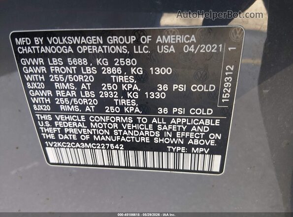 1V2KC2CA3MC227542 2021 VOLKSWAGEN ATLAS Gray Vista del compartimento del motor