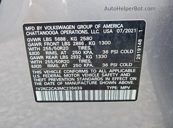 1V2KC2CA3MC235639 2021 VOLKSWAGEN ATLAS Silver Vista de la etiqueta del VIN