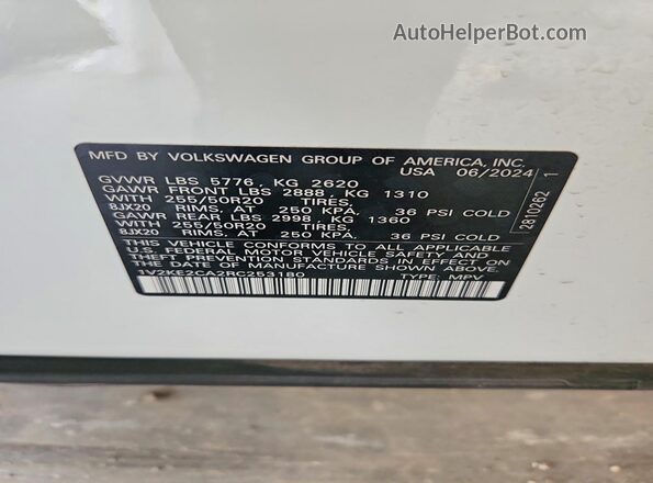 1V2KE2CA2RC253180 2024 VOLKSWAGEN ATLAS White VIN կոդի պիտակի տեսք