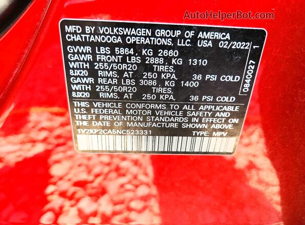 1V2KP2CA5NC523331 2022 VOLKSWAGEN ATLAS Red 
