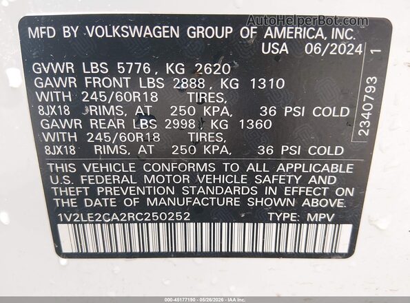 1V2LE2CA2RC250252 2024 VOLKSWAGEN ATLAS Белый Вид подкапотного пространства