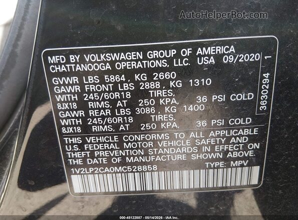 1V2LP2CA0MC528858 2021 VOLKSWAGEN ATLAS Black ძრავის განყოფილების ხედი