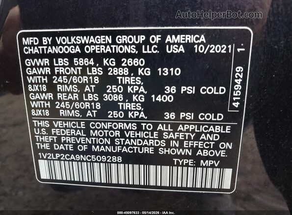 1V2LP2CA9NC509288 2022 VOLKSWAGEN ATLAS Черный Вид подкапотного пространства