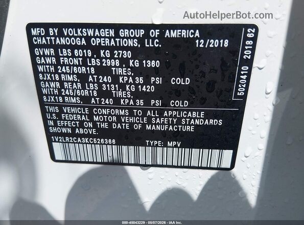 1V2LR2CA3KC526366 2019 VOLKSWAGEN ATLAS White Engine compartment view