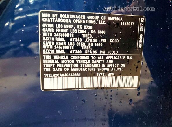 1V2LR2CA6JC540681 2018 VOLKSWAGEN ATLAS Blue Widok naklejki z numerem VIN