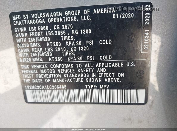 1V2MC2CA1LC205465 2020 VOLKSWAGEN ATLAS Silver ძრავის განყოფილების ხედი