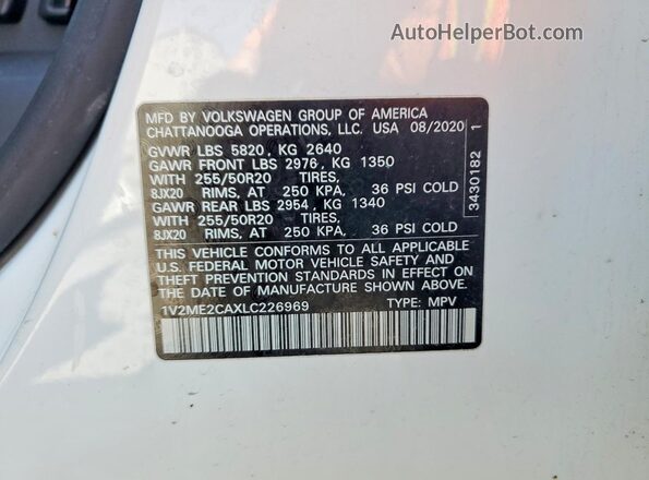 1V2ME2CAXLC226969 2020 VOLKSWAGEN ATLAS White სალონის 360-გრადუსიანი ხედი