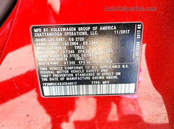 1V2MR2CA3JC545017 2018 VOLKSWAGEN ATLAS Maroon VIN კოდის სტიკერის ხედი