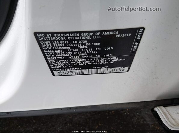 1V2MR2CA7KC581584 2019 VOLKSWAGEN ATLAS White Vista del compartimento del motor