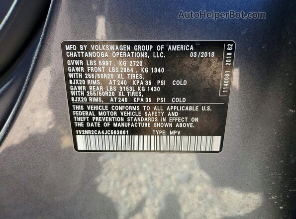 1V2NR2CA4JC563661 2018 VOLKSWAGEN ATLAS Gray 