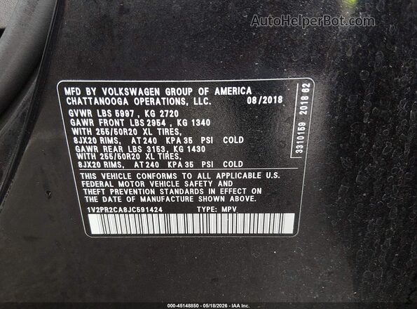 1V2PR2CA8JC591424 2018 VOLKSWAGEN ATLAS Black 