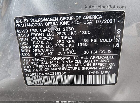 1V2RE2CA7MC235250 2021 VOLKSWAGEN ATLAS Silver Շարժիչի բաժամունքի տեսք