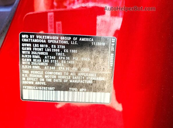 1V2RR2CA1KC521807 2019 VOLKSWAGEN ATLAS Red 