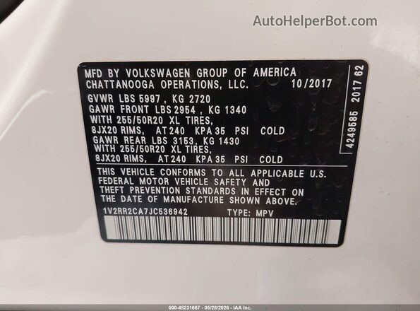 1V2RR2CA7JC536942 2018 VOLKSWAGEN ATLAS White Вид підкапотного простору