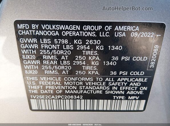 1V2SE2CA2PC206342 2023 VOLKSWAGEN ATLAS Silver 