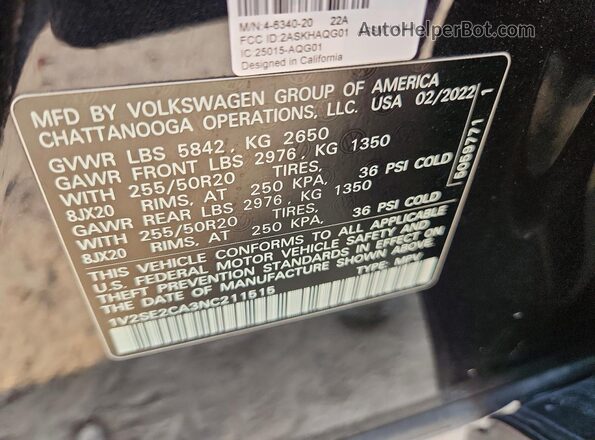 1V2SE2CA3NC211515 2022 VOLKSWAGEN ATLAS Black Vista de la etiqueta del VIN
