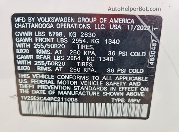 1V2SE2CA4PC211008 2023 VOLKSWAGEN ATLAS White VIN კოდის სტიკერის ხედი