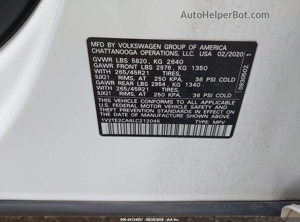 1V2TE2CA6LC212045 2020 VOLKSWAGEN ATLAS White Вид підкапотного простору