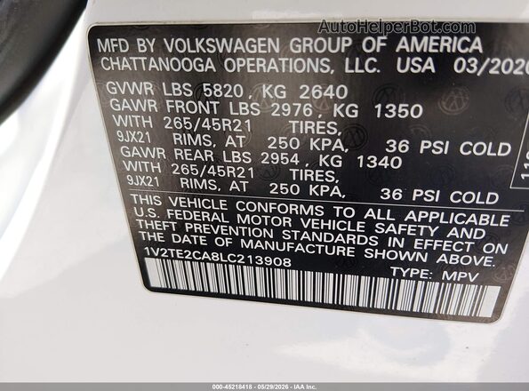 1V2TE2CA8LC213908 2020 VOLKSWAGEN ATLAS White Շարժիչի բաժամունքի տեսք