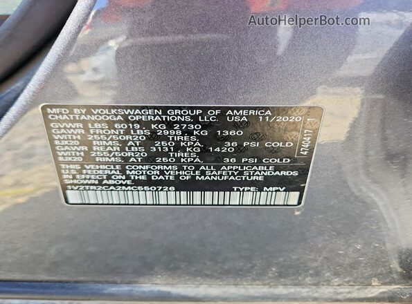 1V2TR2CA2MC550726 2021 VOLKSWAGEN ATLAS Charcoal 