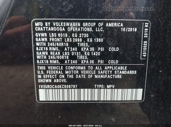 1V2UR2CA0KC508797 2019 VOLKSWAGEN ATLAS Black Вид підкапотного простору