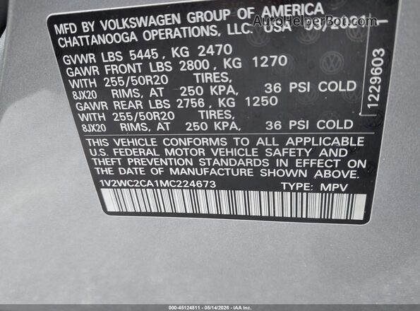 1V2WC2CA1MC224673 2021 VOLKSWAGEN ATLAS Silver 