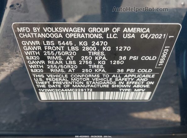 1V2WC2CA4MC229172 2021 VOLKSWAGEN ATLAS Blue ძრავის განყოფილების ხედი