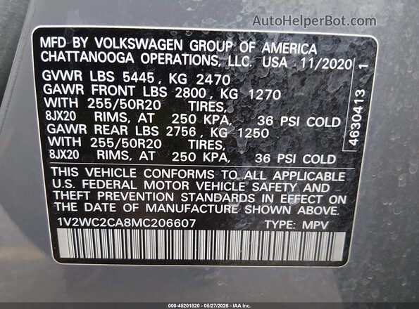 1V2WC2CA8MC206607 2021 VOLKSWAGEN ATLAS Gray Vista del compartimento del motor
