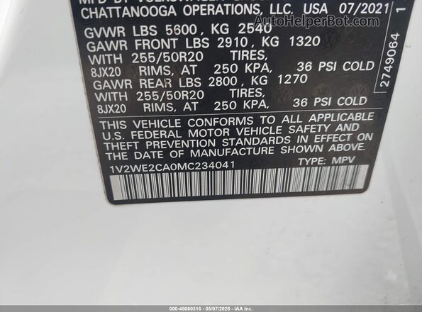 1V2WE2CA0MC234041 2021 VOLKSWAGEN ATLAS Белый Вид подкапотного пространства