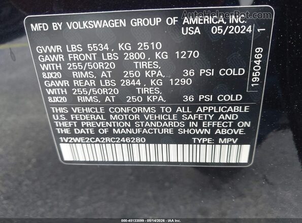 1V2WE2CA2RC246280 2024 VOLKSWAGEN ATLAS Black Շարժիչի բաժամունքի տեսք