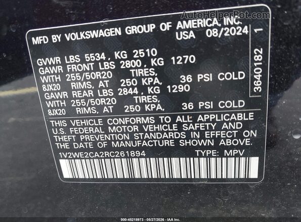 1V2WE2CA2RC261894 2024 VOLKSWAGEN ATLAS Black ძრავის განყოფილების ხედი