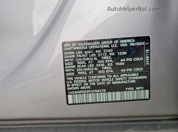 1V2WNPE83PC038476 2023 VOLKSWAGEN ID.4 Серебряный Вид наклейки с VIN-кодом