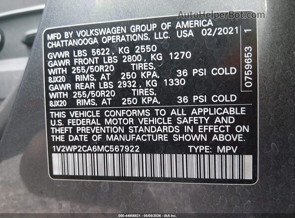 1V2WP2CA6MC567922 2021 VOLKSWAGEN ATLAS Gray Engine compartment view