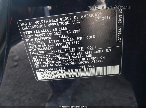 1V2WP2CA8KC572519 2019 VOLKSWAGEN ATLAS Black ძრავის განყოფილების ხედი