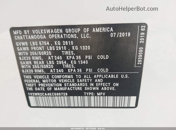 1V2WR2CA4KC585729 2019 VOLKSWAGEN ATLAS Белый 