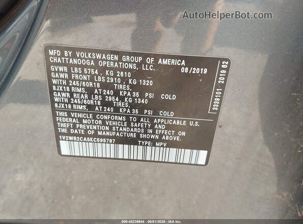 1V2WR2CA5KC595797 2019 VOLKSWAGEN ATLAS Серый Вид подкапотного пространства