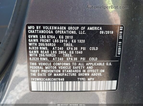 1V2WR2CA8KC607845 2019 VOLKSWAGEN ATLAS Gray 