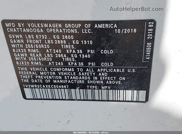 1V2WR2CAXKC504667 2019 VOLKSWAGEN ATLAS White Շարժիչի բաժամունքի տեսք