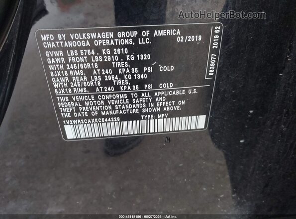 1V2WR2CAXKC544229 2019 VOLKSWAGEN ATLAS Black Շարժիչի բաժամունքի տեսք