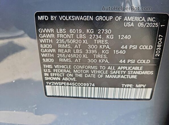 1V2WSPE84SC009974 2025 VOLKSWAGEN ID.4 Gray Widok naklejki z numerem VIN