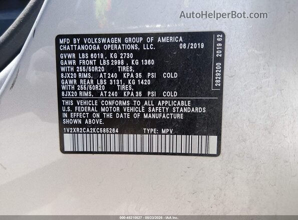 1V2XR2CA2KC585264 2019 VOLKSWAGEN ATLAS Silver ძრავის განყოფილების ხედი