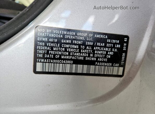 1VWAS7A30GC042853 2016 VOLKSWAGEN PASSAT Silver Vista del compartimento del motor