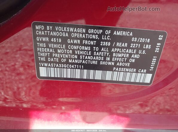 1VWAS7A33GC047111 2016 VOLKSWAGEN PASSAT Red Engine compartment view