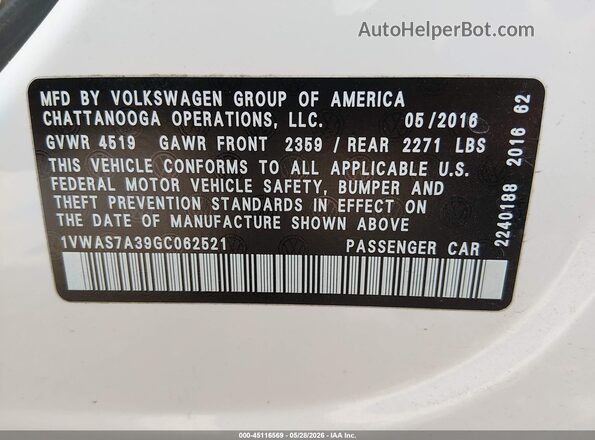1VWAS7A39GC062521 2016 VOLKSWAGEN PASSAT Белый Вид подкапотного пространства