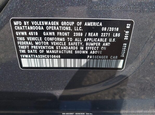 1VWAT7A32HC010646 2017 VOLKSWAGEN PASSAT Gray 