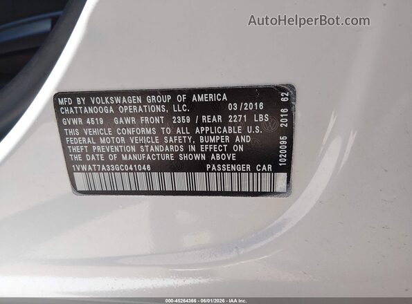 1VWAT7A33GC041046 2016 VOLKSWAGEN PASSAT White Շարժիչի բաժամունքի տեսք