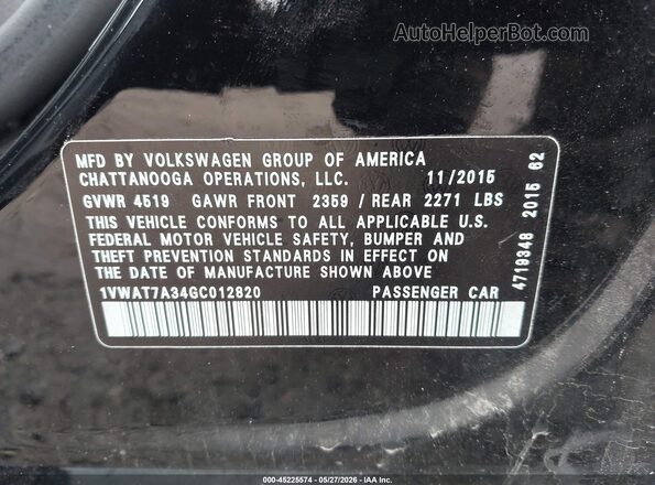 1VWAT7A34GC012820 2016 VOLKSWAGEN PASSAT Black ძრავის განყოფილების ხედი