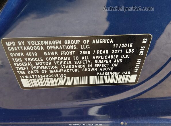 1VWAT7A34GC015152 2016 VOLKSWAGEN PASSAT Синий Вид подкапотного пространства