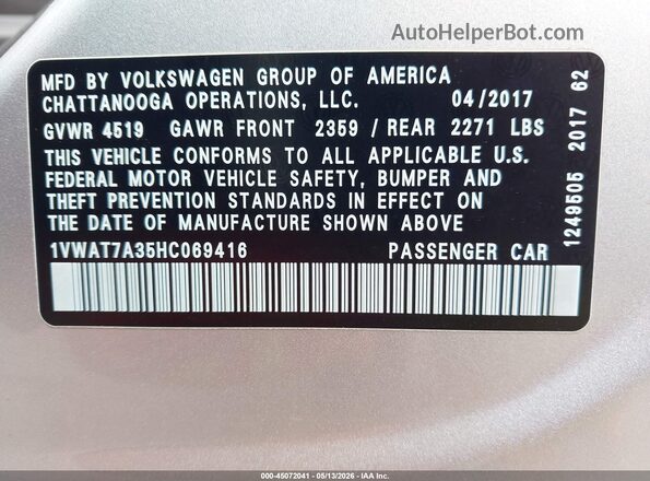 1VWAT7A35HC069416 2017 VOLKSWAGEN PASSAT Серебряный Вид подкапотного пространства