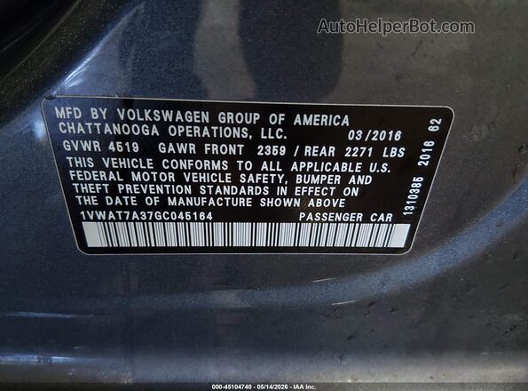 1VWAT7A37GC045164 2016 VOLKSWAGEN PASSAT Gray 